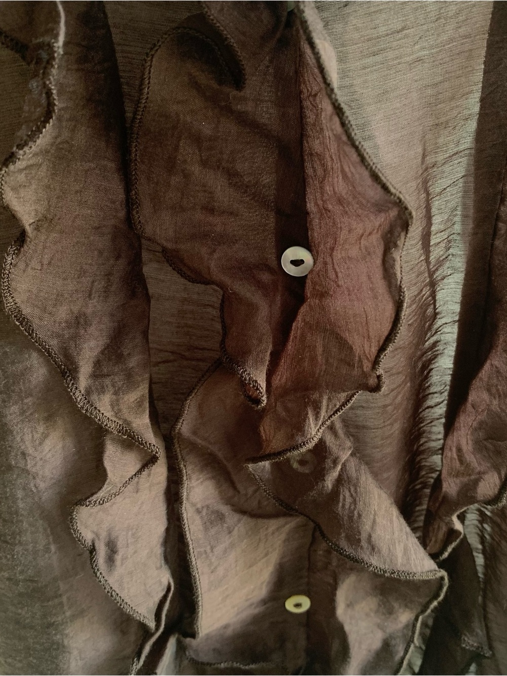 🆕 Zara V‑neck Tunic-top Semi Sheer Ruffles Mother‑of‑pearl Buttons PuffLS BRN XL - Picture 4 of 11